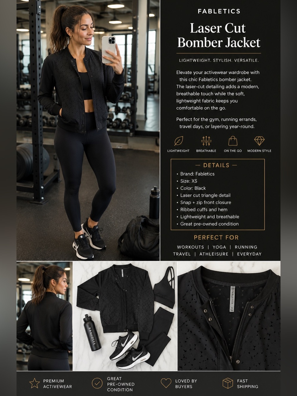 Fabletics Black Laser Cut Bomber Jacket XS | Lightweight Athleisure Zip Up
